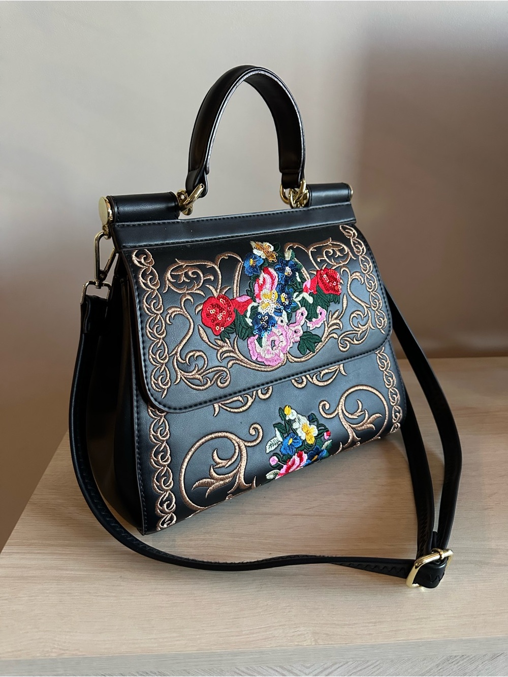 Black Floral-Embroidered Top Handle Crossbody Bag